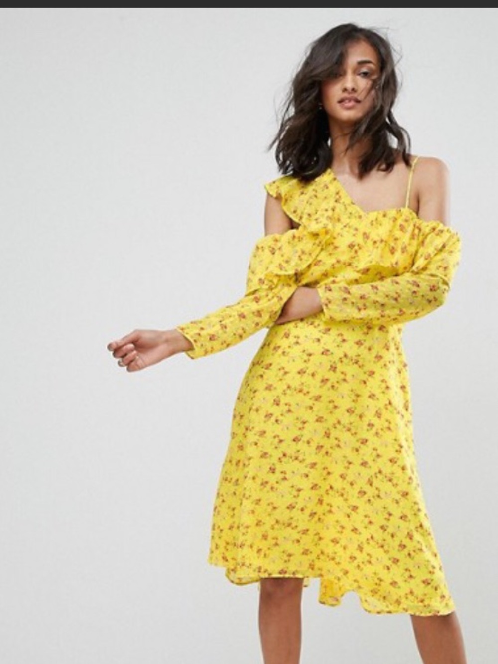 ASOS Yellow One-Shoulder Floral Midi Dress